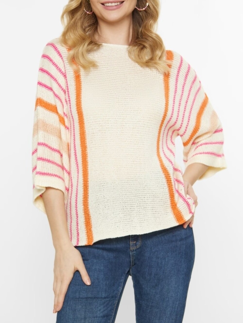 Cream knit sweater, relaxed 3/4 sleeves with vibrant pink & orange stripes L